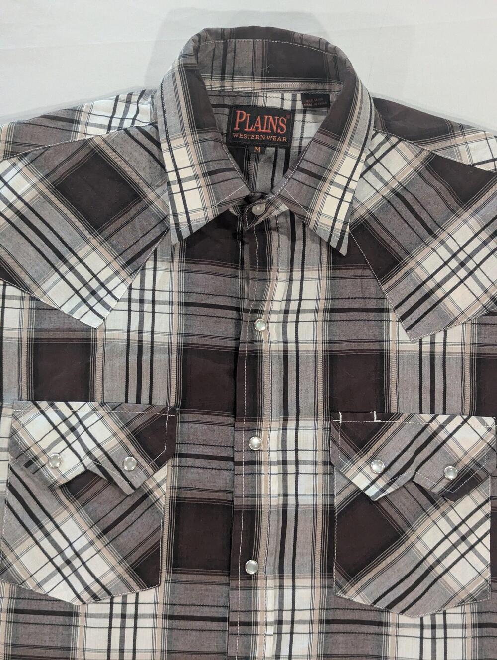 Plains Western Wear Shirt Mens M Gray Plaid Short Sleeve Western Pearl Snap